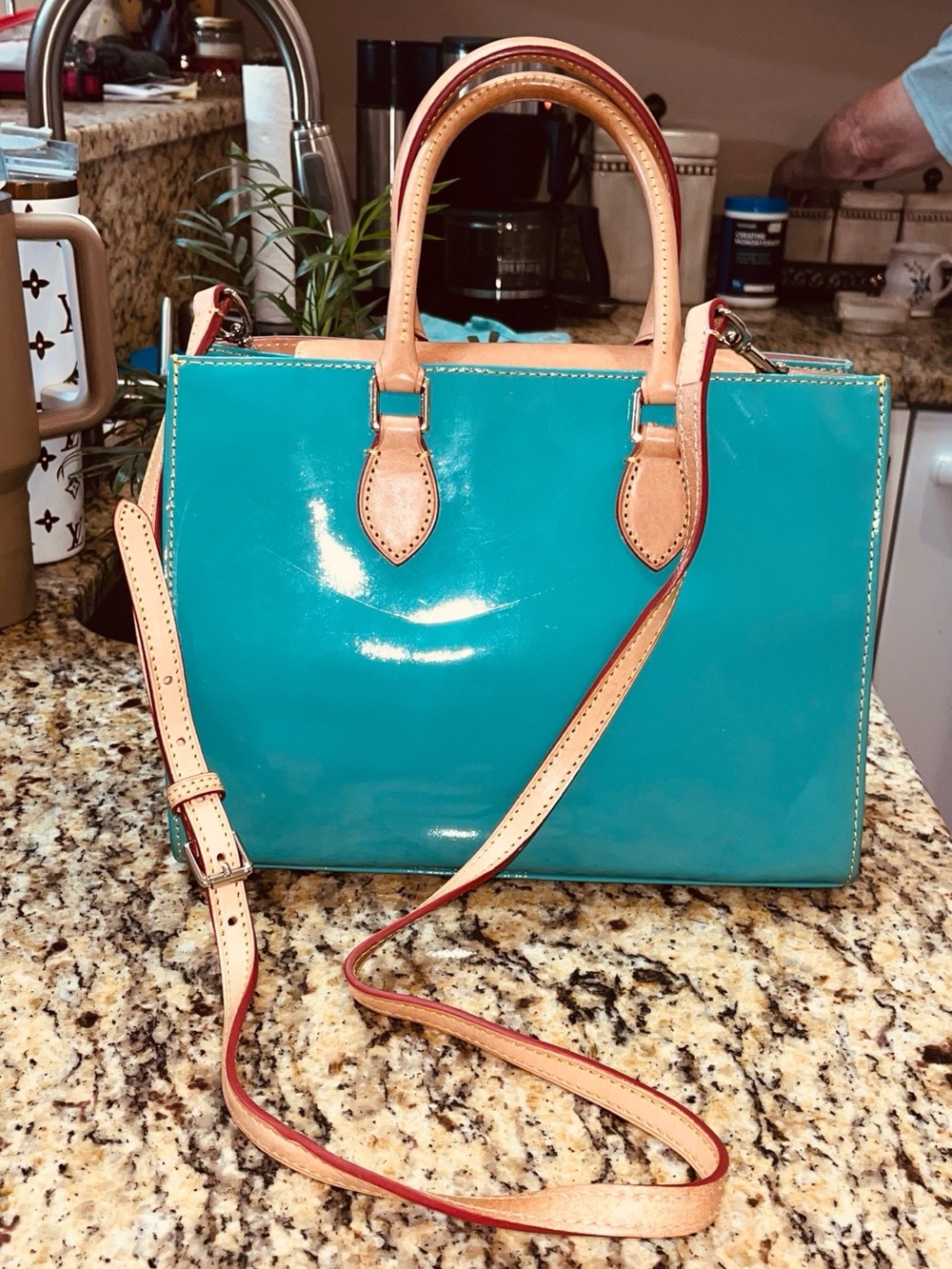 EUC Dooney & Bourke Janine Dark Teal Patent Leather Satchel with Tan Trim - Picture 2 of 4